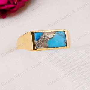 Best Selling 7x14mm Natural Pyrite <b>Turquoise</b> Gemstone Handmade 925 Silver Smooth Wedding Rectangle Vermeil Bohemian Style <b>Ring</b> - Product Image 5