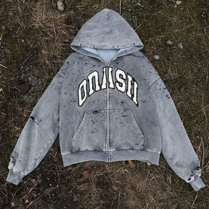 Sudadera con capucha para hombre, 100% algodón, con cremallera, estilo urbano, patchwork, bordado desgastado, impresión de logotipo personalizado, ligera, ¡la más vendida! - Product Image 4