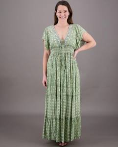 Vestido largo con cuello en V y estampado de Lurex de rayón a la moda sin fin de verano para mujer, ropa de fiesta y Resort de verano, vestido largo estampado a la moda - Product Image 1