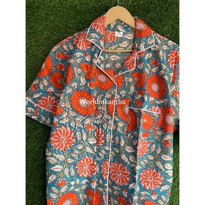 Conjuntos de pijama corto con estampado de algodón Floral indio para mujer, ropa de dormir de verano acogedora, traje de noche con camisa y pantalones cortos, venta al por mayor - Product Image 2