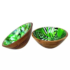 New Enamel Coated Wooden Food Serving Bowl Set of 2 for Dining Table Small Size Wooden Bowl in Green Color