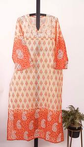 Ropa de uso diario, túnica bordada a mano de algodón puro Floral naranja, Kurti, mangas 3/4, Top bohemio étnico, ropa informal cómoda - Product Image 1