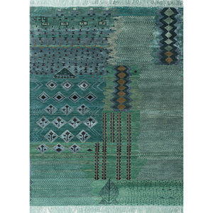 Tapis Manchaha vert en laine et soie de bambou noué à la main, grand rectangle à motif géométrique pour la décoration de la maison et du salon, pour adolescents - Les-2589 - Product Image 1