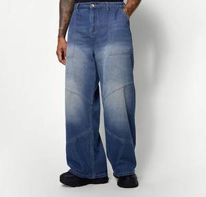 Pakistan Made 100% Cotton Men's Straight <b>Jean</b> Pant Breathable Embroidery Patch Loose Baggy Street <b>Elastic</b> <b>Waist</b> Denim Flat - Product Image 4