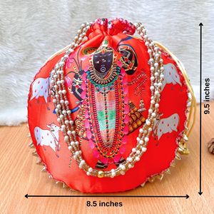 Bolsa de Potli étnica hecha a mano bordada Shrinathji para bodas, bolsa de diseñador tradicional Puja con decoración estampada para regalar - Product Image 5