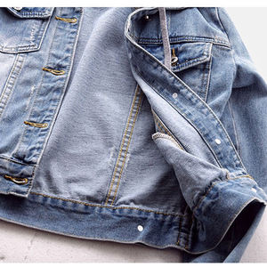 Vente en gros Femme Denim Bleu Veste avec Capuche Manches Longues 2 Poches Avant Logo Personnalisé Couleurs Jeans Tissés en Traitement Brut - Product Image 4