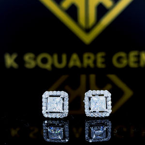 Pendientes de moissanita de corte princesa, pendientes de tuerca estilo Halo, pendientes de empuje hacia atrás, pendientes de boda para mujer, oro blanco de 14K - Product Image 5
