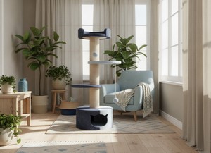 Arbre à chat Amistar Solid Safe de haute qualité à 4 niveaux en fausse fourrure, griffoir 'Marine Cottage' pour chats, chatons, toutes tailles et âges - Product Image 6