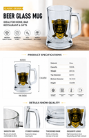 Chope à bière classique en verre épais avec poignée, grande capacité, compatible lave-vaisselle, réutilisable, durable, usage commercial, logo personnalisable