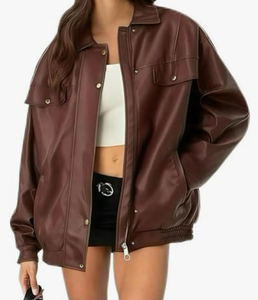 เสื้อแจ็คเก็ตหนัง PU ผู้หญิง ทรงโอเวอร์ไซส์ สไตล์วินเทจ แขนยาว แบบมอเตอร์ไซค์ แจ็คเก็ตหนังเทียม - Product Image 1