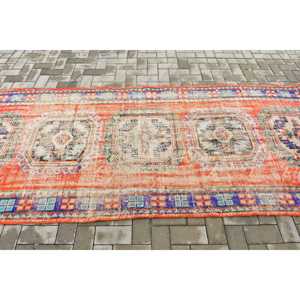 Vintage Turkish Rug 4x9.1 ft (121x276 cm), <b>Red</b> Bordered <b>Wool</b> Rug - Product Image 3