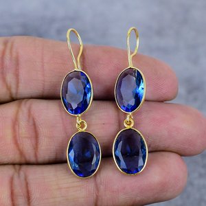 Pendientes de Plata de Ley 925 con Tanzanita y Cuarzo, Forma Ovalada, Chapados en Oro, con Bisel Moderno, para Mujer, Regalo para Fiesta - Product Image 2