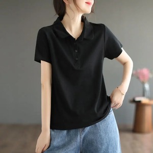 Stylish Vintage <b>Women's</b> Casual Short <b>Sleeve</b> Cotton T-<b>Shirt</b> Oversized <b>Long</b>-Fit Fleece <b>Polo</b> Loose Solid Design New Pullover Top - Product Image 2