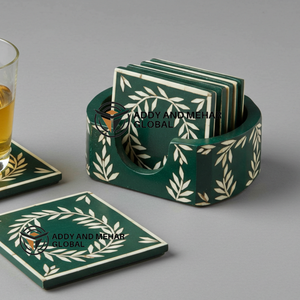 ชุดถาดรองแก้วแบบฝังกระดูกสีขาวและเข้มทำด้วยมือพร้อมที่วางแก้วเครื่องดื่มลายดอกไม้ผู้จำหน่ายในอินเดีย - Product Image 2