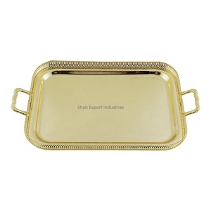 Plateau de service en métal de qualité commerciale fait à la main de haute qualité plaqué or bordure en relief poignées maison Table à manger nourriture Dessert - Product Image 1