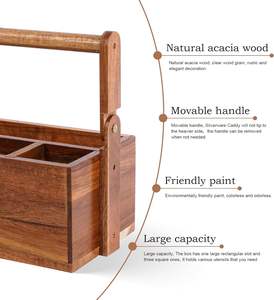 Porte-ustensiles en bois d'acacia avec poignée | Porte-ustensiles et organisateur en bois avec 4 compartiments | Porte-ustensiles pour couverts - Product Image 2