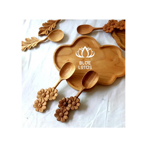Cuillère à mélanger en bois avec manche en bois personnalisée et sûre Longue tasse de soupe en bois pour cuisiner et remuer le lotus bleu - Product Image 2