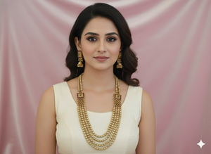 Magnifique ensemble de collier long à 4 rangs, ethnique, perlé, style antique, avec un fini doré brillant, idéal pour les soirées - Product Image 2