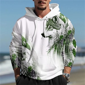 Primavera y otoño nuevos hombres moda 3D Lobo impresión sudaderas con capucha suelta Casual diario calle Vintage pulóveres - Product Image 5
