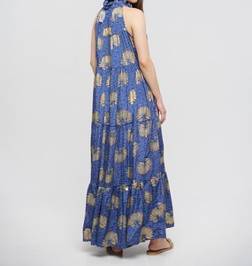 Robe longue sans manches 100% crêpe bleue avec fleurs dorées et cravate, style bohème, pour soirée, automne, taille unique - Product Image 5