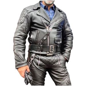 C'est une veste de motard en cuir véritable noir avec des épaulettes matelassées. - Product Image 2