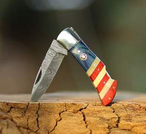 มีดพกพายอดนิยมขายส่งจากโรงงาน ผลิตจากเหล็กดามัสกัส สำหรับตั้งแคมป์ มีดพับ ด้ามจับลายธงชาติอเมริกัน จำหน่ายจำนวนมาก - Product Image 2