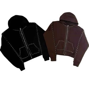 Sweat à capuche surdimensionné personnalisé de luxe avec strass, fermeture éclair, streetwear pour hommes, molleton lourd, OEM - Product Image 3