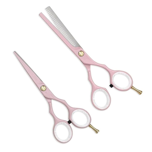 Ensemble de ciseaux de coupe de cheveux professionnels Kit de cisailles amincissantes roses avec outil de coiffure repose-doigt réglable en or - Product Image 1