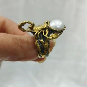 Handmade Trendy Scorpion Design 925 Sterling Silver <b>Ring</b> with Imitation <b>Pearl</b> Gold & Black Oxidized Finish Everyday Wear - Product Image 1