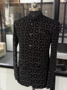 Sherwani brodé noir pour homme, coupe ajustée, tenue de mariage traditionnelle, style Inde Pakistan, longueur standard, adulte, séchage rapide - Product Image 3