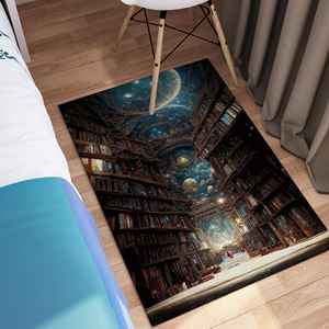 Alfombra de suelo Starry Galaxy Bookshelf, decoración surrealista con estampado digital para rincones de lectura, con alfombra suave - Product Image 1