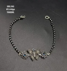 Blue Stone Butterfly 925 Silver Oxidized Bracelet With Black Beads Jewelry Unisex Silver Bead Chain Bracelet