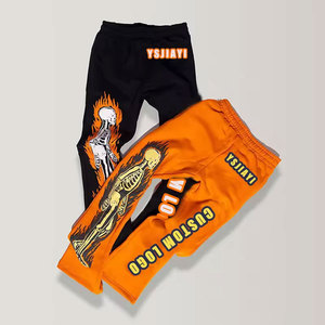 Pantalones Acampanados para Hombre con Logotipo Personalizado, Estampado de Esqueleto, Cintura Elástica, Estilo Urbano, Pantalones Deportivos de Poliéster Naranja y Negro - Product Image 4