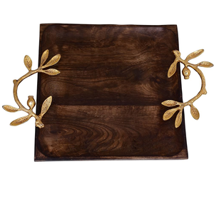Plateau en bois en gros personnalisé pas cher prix moderne Simple en laiton en forme de feuille poignée rectangulaire plateau de service en bois - Product Image 1