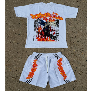 Conjunto de chándal de verano Vintage transpirable para hombre, camiseta de poliéster azul con pantalones cortos de nailon naranja, diseño acampanado apilado, novedad de 2025 - Product Image 4