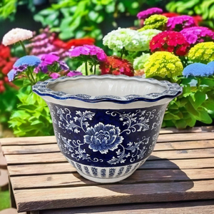 Maceta Grande de Porcelana Azul y Blanca con Borde Ondulado, Maceta de <span class=keywords><strong>Cerámica</strong></span> Esmaltada para Interiores y Exteriores, Venta al por Mayor OEM - Product Image 5