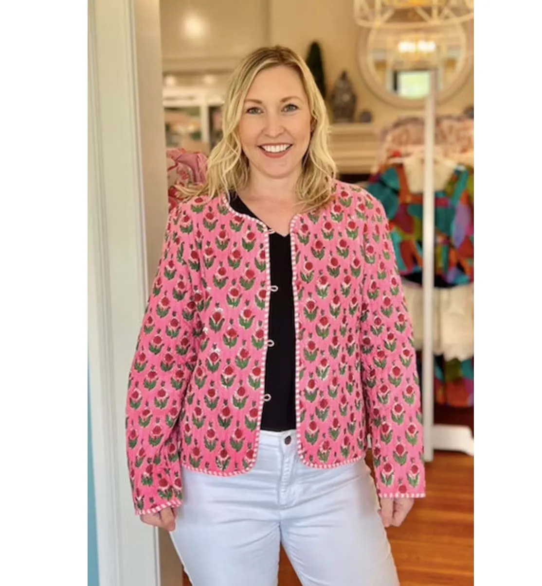 Indische Blockdruck gesteppte Jacke, handgefertigt Frauen tragen rosa Blume bohemianische Jacke Geschenk für sie Baumwolljacken Mantel