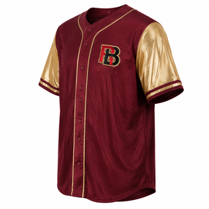 Camiseta de Béisbol para Hombre, Color Granate, de Poliéster Resistente, con Mangas Doradas Metálicas, Bordado Personalizado con el Escudo de la Marca, Cierre de Botones, Estilo Urbano - Product Image 3