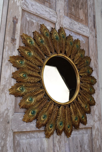 Espejo redondo alas de pavo real-resina dorada estilo Art Deco veneciano plata acento moderno corte vidrio biselado diseñador espejo - Product Image 3