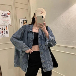 Womens Oversized <b>Denim</b> <b>Jacket</b> Vintage Blue Wash <b>Long</b> Sleeve Jean Coat Casual Loose Fit Outerwear Trendy Streetwear - Product Image 5