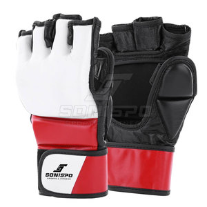 SONISPO MMA Gloves Leather <b>Half</b> Finger Lace-Up Closure Moisture Wicking <b>Slip</b>-On Wrist Red Black White Male Martial Arts Gloves - Product Image 1