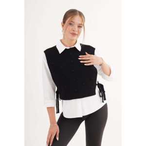 Pull noir texturé pour femme, tricoté à la main, avec fermeture à nouer sur le côté - Product Image 3