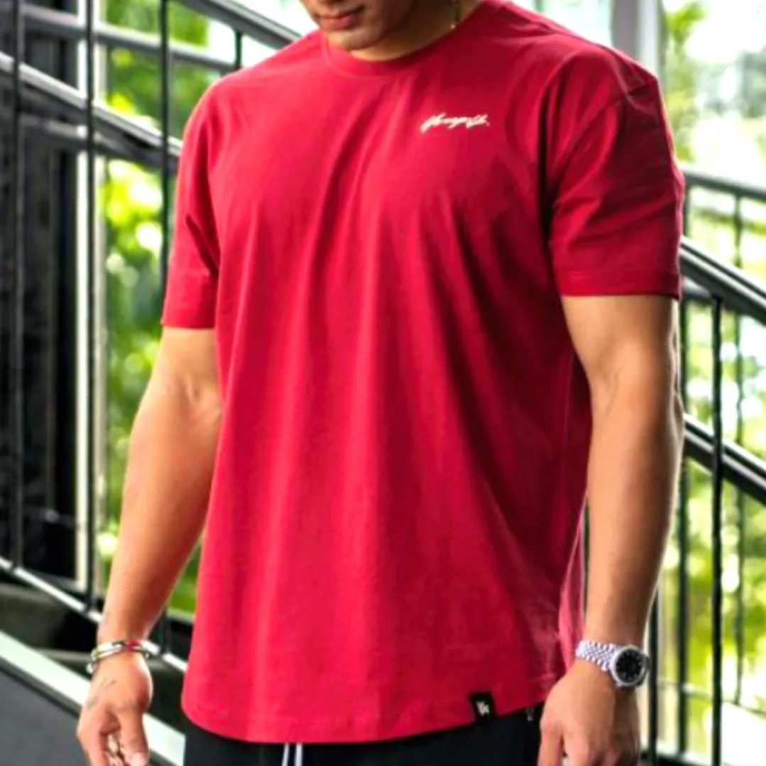 Kaus kustom merah karang 2024 kaus oblong lengan pendek katun 100% pria Kaos Oblong 220GSM Streetwear /Jogging / Gym Kaos Oblong Fo
