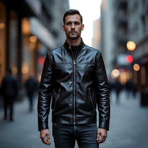 Vestes d'hiver imperméables à col montant en cuir véritable et peau de mouton PU pour hommes avec fermeture à glissière complète - Product Image 1