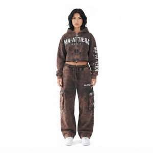 Custom Women Acid Wash Brown <b>Cropped</b> Zip Hoodie Cargo <b>Jogger</b> Set Cotton Fleece Streetwear Tracksuit OEM Wholesale - Product Image 1