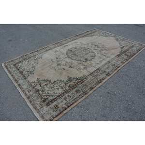 Alfombra de lana turca Vintage de 5,5x9,5 pies, diseño de retazos beige y verde, tejido plano con respaldo de látex para decoración de sala de estar - Product Image 2