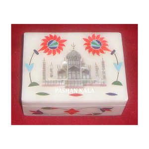 Boîtes en marbre blanc de style indien pur, design Taj Mahal, incrustées de marbre, faites à la main et polies avec une finition raffinée pour boîte à bijoux - Product Image 1