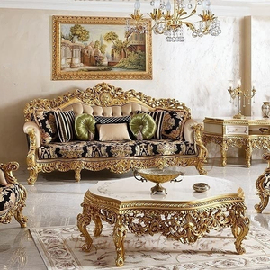 Intérieur de luxe classique 5 places 3 + 1 + 1 canapé en bois de teck avec Table centrale avec travail de sculpture de luxe et rembourrage doré - Product Image 2