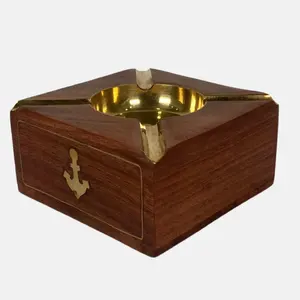 Elegant Handmade Wooden Ashtray With Classic Premium Square Shape Brass Coating Home <b>Table</b> Decor for Cigars Smoking Accessories - Product Image 1