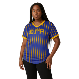 Sigma Gamma Rho Gold Pinstripe Pullover Baseball Jersey 100% Polyester <b>Mesh</b> SGRho Sorority V Neck T Shirt with Applique Logos - Product Image 1